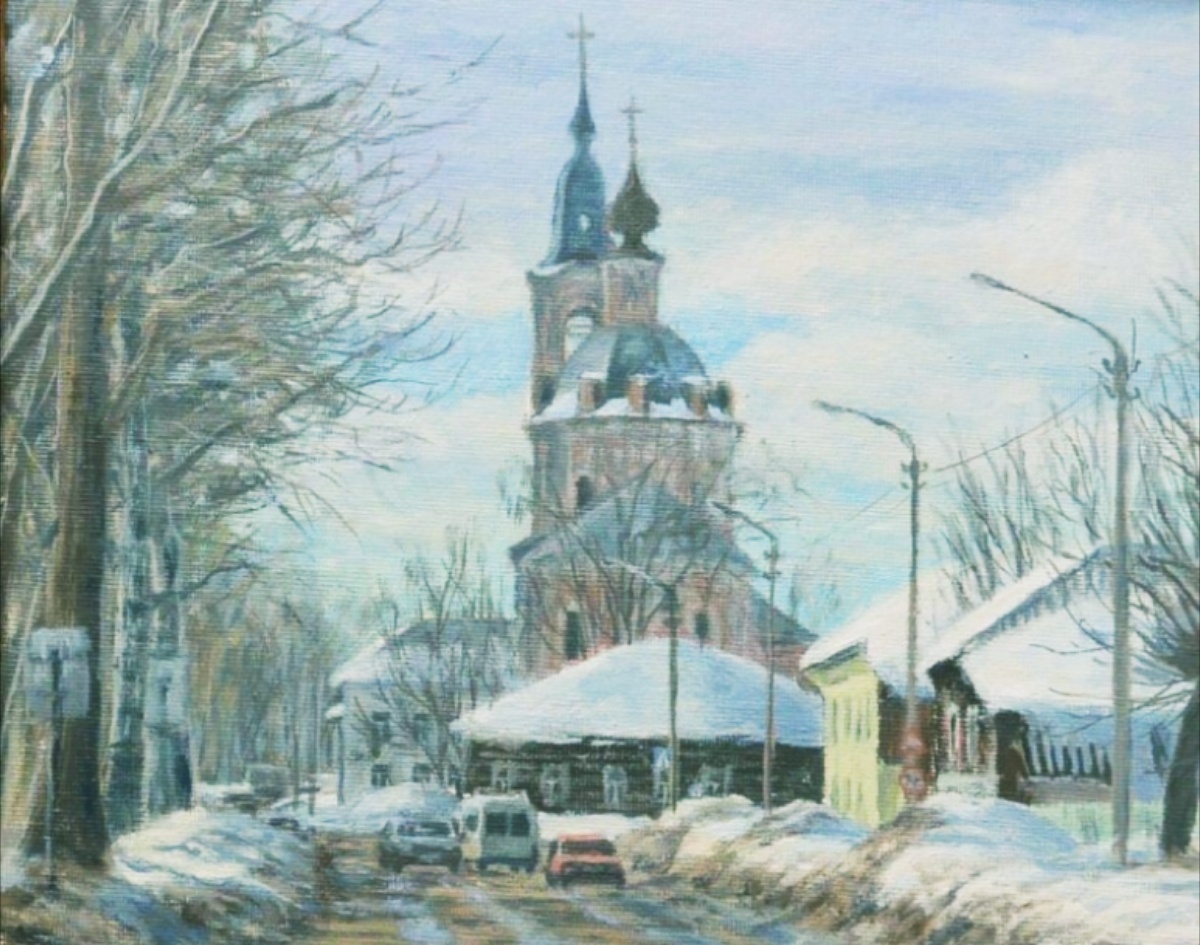 Нерехта, Церковь святой Варвары, а за ней белый дом Диева. Художник Г. Антонова 