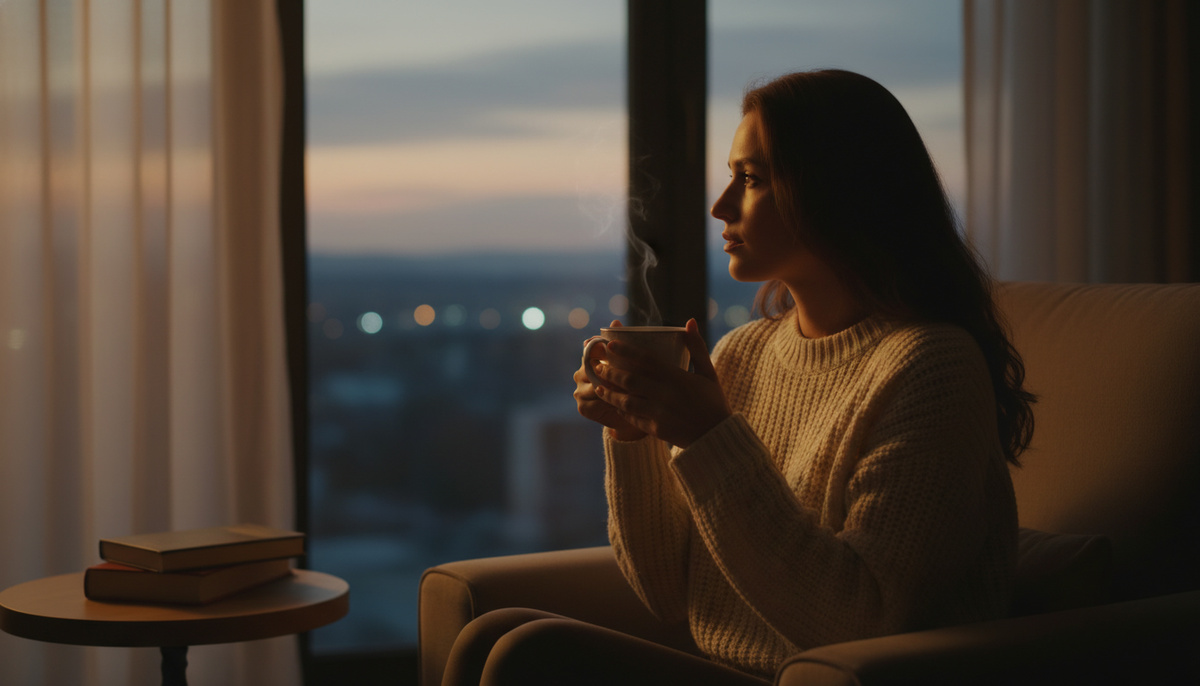 Между днём и ночью есть момент, который не принадлежит ни тому, ни другому. Она сидит именно в нём — в этом зазоре между «уже было» и «ещё будет». Чашка в руках тёплая, город за окном равнодушен, книги молчат. Она спрашивает себя о чём-то важном. И, может быть, впервые — не торопится с ответом.