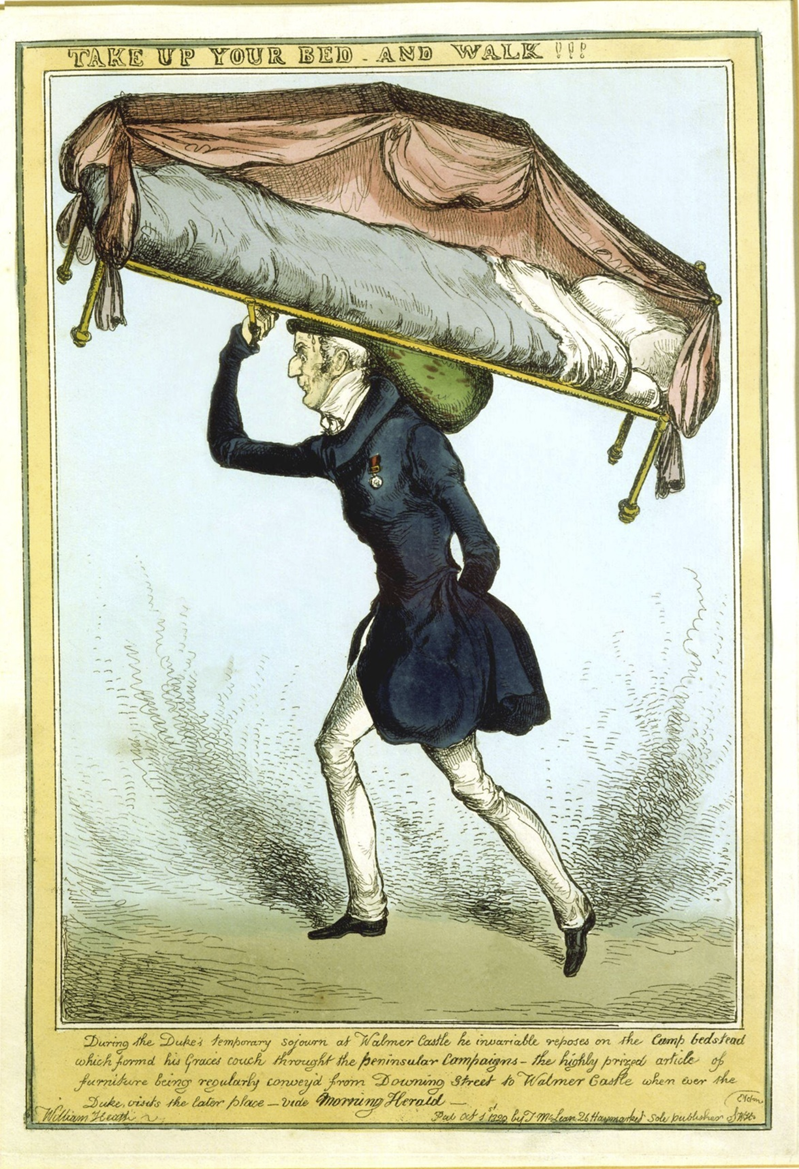 Английская сатирическая карикатура начала XIX века, посвящённая герцогу Веллингтону – знаменитому полководцу и государственному деятелю Великобритании. Художник изображает его несущим собственную походную кровать, намекая на известную привычку герцога пользоваться военной кампанийной мебелью даже в мирное время.
Название иллюстрации – библейская цитата «Возьми постель свою и иди» — усиливает комический эффект. Карикатура одновременно высмеивает суровый, почти солдатский образ жизни Веллингтона и подчёркивает его репутацию человека дисциплины и простоты.
Подобные листы были популярной формой политической сатиры в Лондоне эпохи Регентства и отражали общественные настроения своего времени