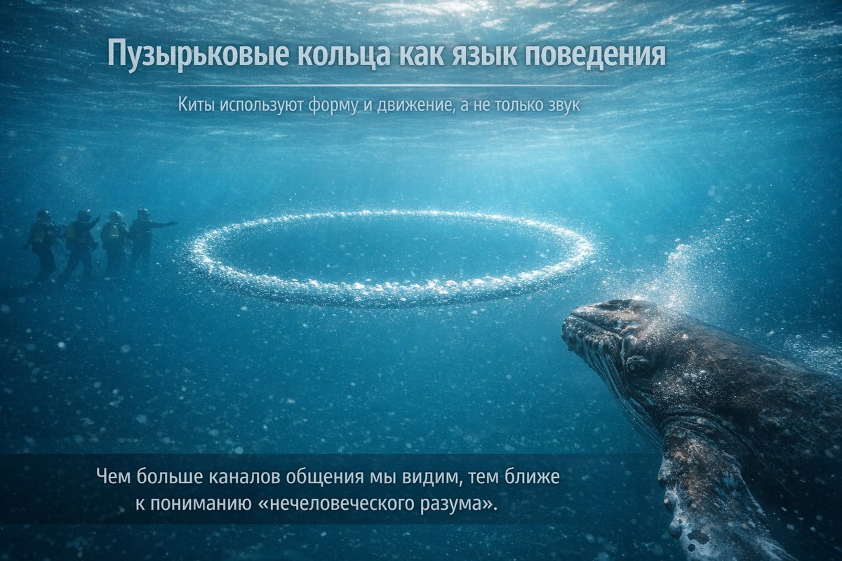 Кит выпускает под водой ровное кольцо пузырей рядом с людьми