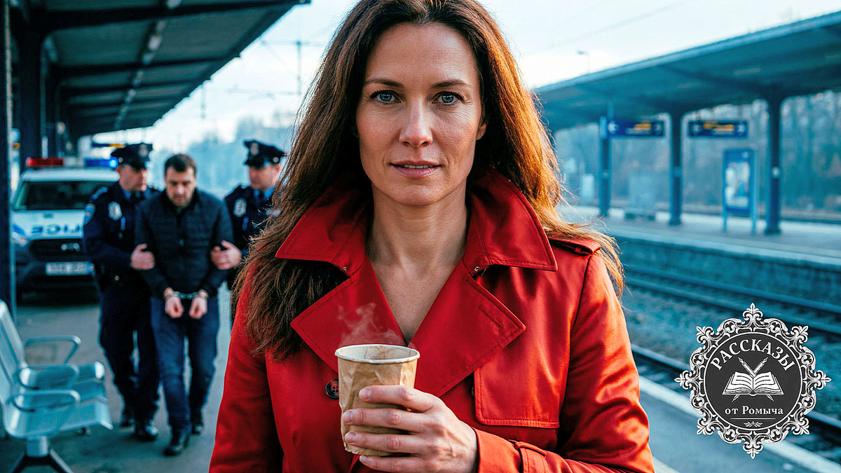 Женщина в красном плаще стоит на вокзале, наблюдая за арестом мужа