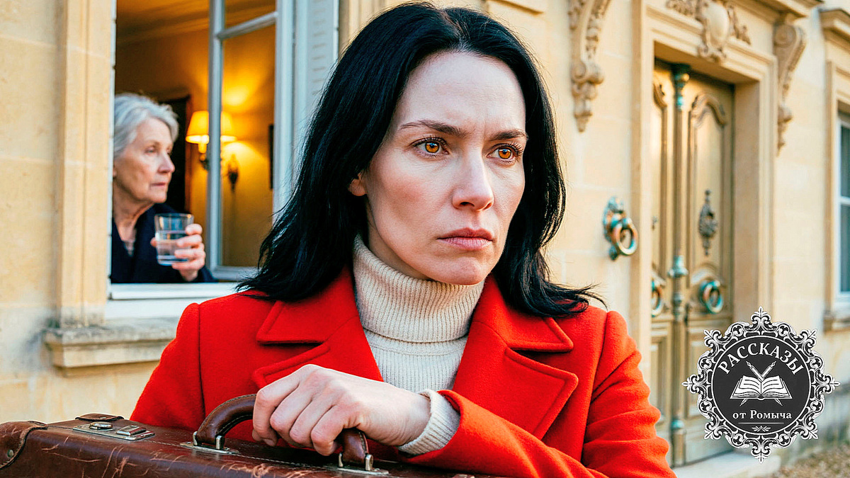 Женщина в красном пальто уходит из дома с чемоданом после семейного скандала