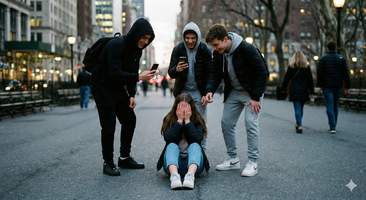 Фотография драматической сцены в городском парке: группа хулиганов пристает к молодой девушке на глазах у безучастных прохожих.