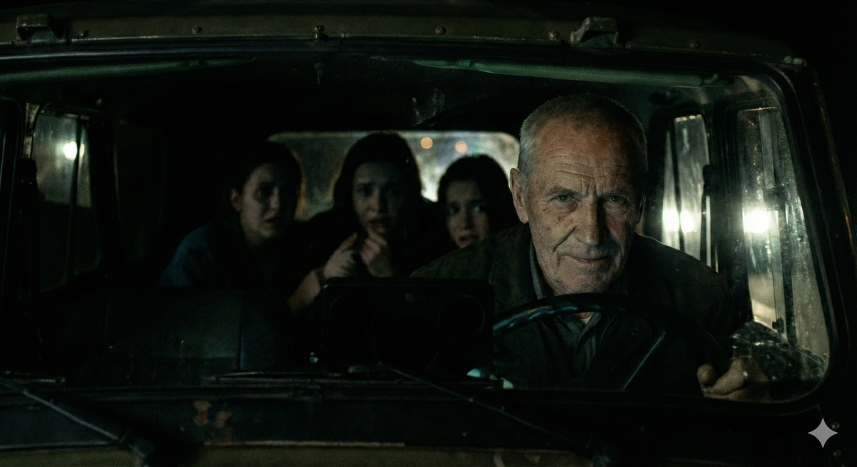 Фотография сурового ветерана за рулем «Нивы» ночью. На заднем сиденье — притихшие обидчики его внучки. Атмосфера скрытой угрозы.