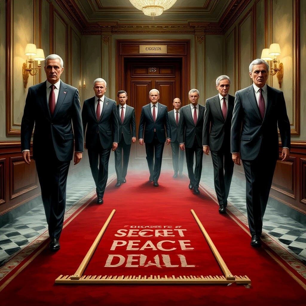  Красный ковёр в коридоре Женевы ведёт к двери с надписью "Секретное мирное соглашение" . На ковре лежат грабли. Группа дипломатов направляется к этой двери. 