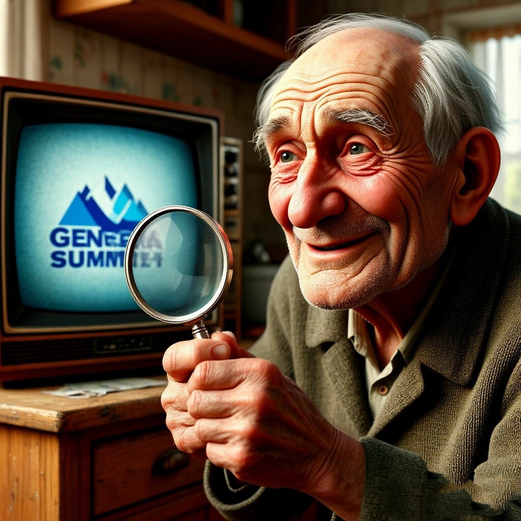  Пожилой русский мужчина мудрого вида сидит с лупой у телевизора, пытаясь найти мелкий шрифт, который обычно содержит подвох. 