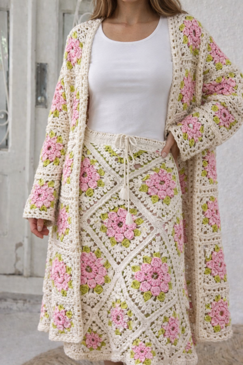 Костюм из квадратных мотивов крючком — диагональ создаёт стройный силуэт