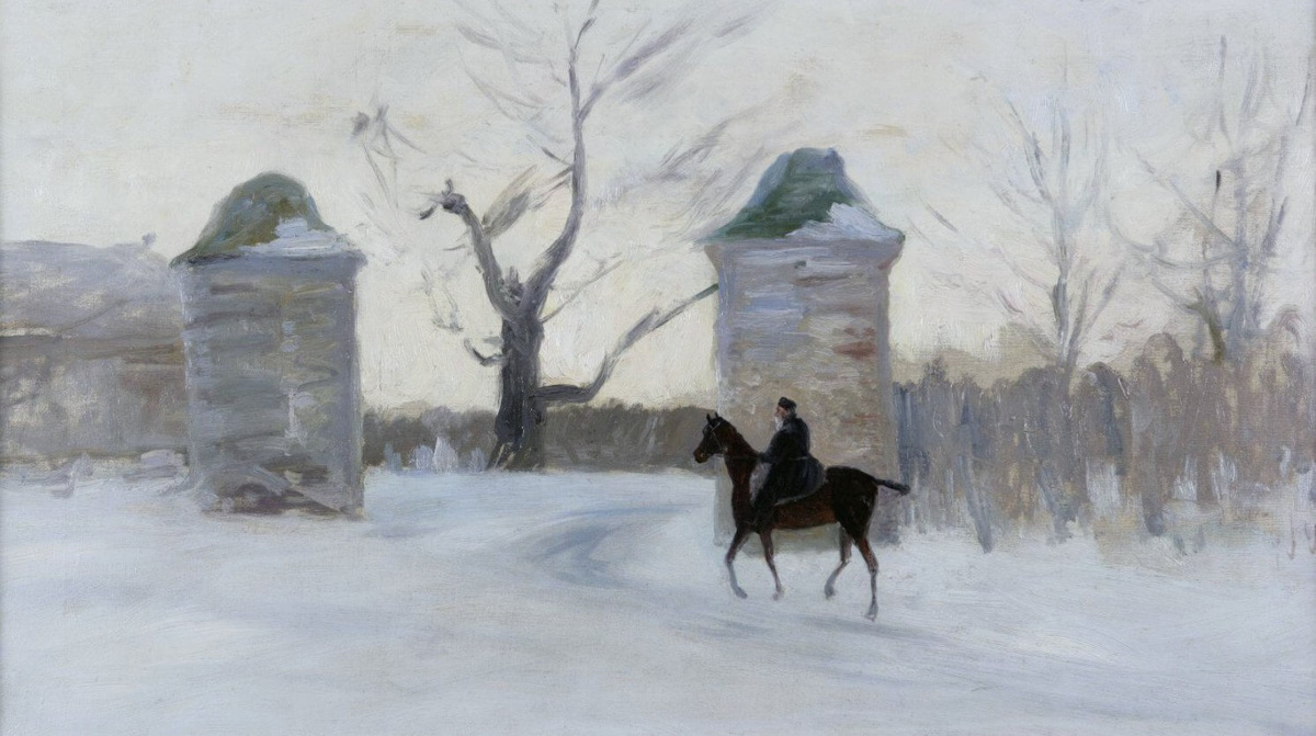 Ю.И. Игумнова Толстой верхом у въезде в Ясную Поляну зимой, начало XX века, Государственный музей-заповедник Л.Н. Толстого