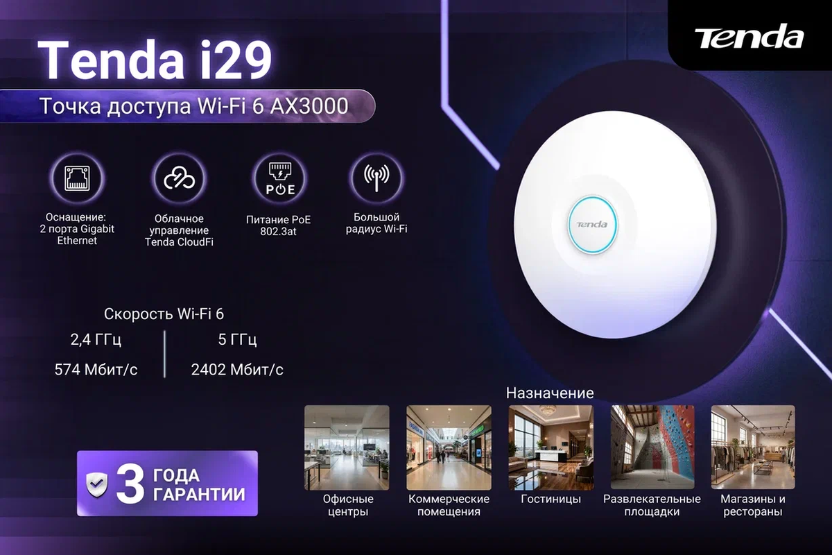 Tenda i29 разработана на основе новой технологии Wi-Fi 6. Она обеспечивает полосу пропускания 160 МГц и скорость передачи данных в диапазоне 5 ГГц до 2,4 Гбит/с, что в три раза выше, чем у обычных точек доступа Wi-Fi 5 и в два раза выше, чем у обычных точек доступа Wi-Fi 6.