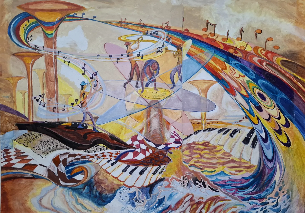 Андрей Журавлев «Музыкальный коллаж». Живопись, бумага, акварель, 29.5х41 см, 2021   