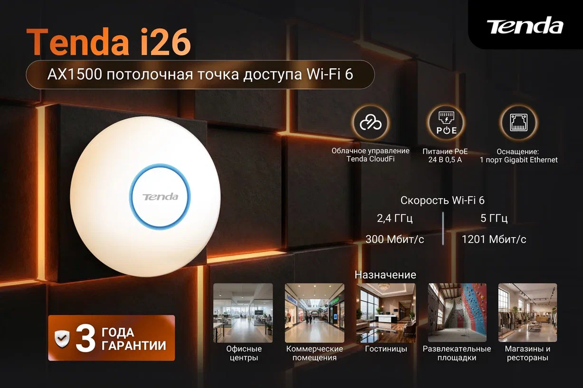 Tenda i26 — это двухдиапазонная гигабитная потолочная точка доступа, созданная на основе стандарта Wi-Fi 6 со скоростью беспроводной связи до 1500 Мбит/с; поддерживает быстрый роуминг и автоматический выбор несущей частоты беспроводной сети