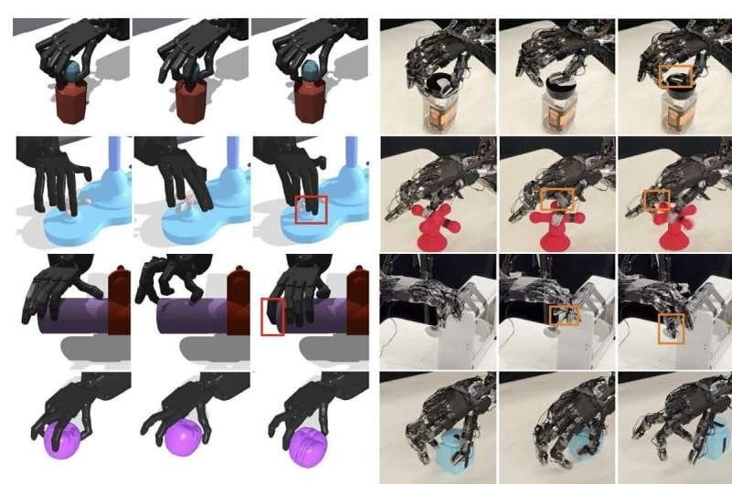    Характерные неисправности, наблюдаемые как при моделировании, так и в реальных экспериментах. (А) Крышки от маленьких бутылок трудно поворачивать из-за недостаточного крутящего момента (слева) и неестественного поведения: для открывания крышки от бутылок используется ноготь большого пальца (справа). (B) Пальцы застревают в узком пазу ручки крана. (C) Ограниченный диапазон подъема запястья или защемление пальцев приводит к неудачному перемещению рычага. (D) При переориентации столешницы случайно отодвигаются предметы. (E) Предметы выскальзывают из рук во время переориентации. Автор: Ци Йе