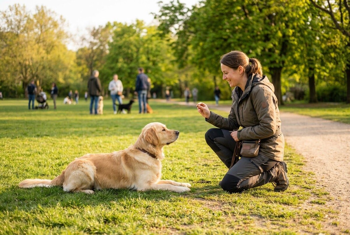 обучение собаки командам — питомец внимательно смотрит на хозяина во время дрессировки в парке