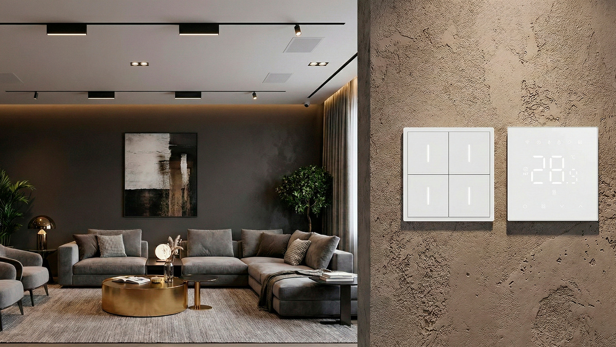Сценарный выключатель света в умном доме и настенный терморегулятор для отопления