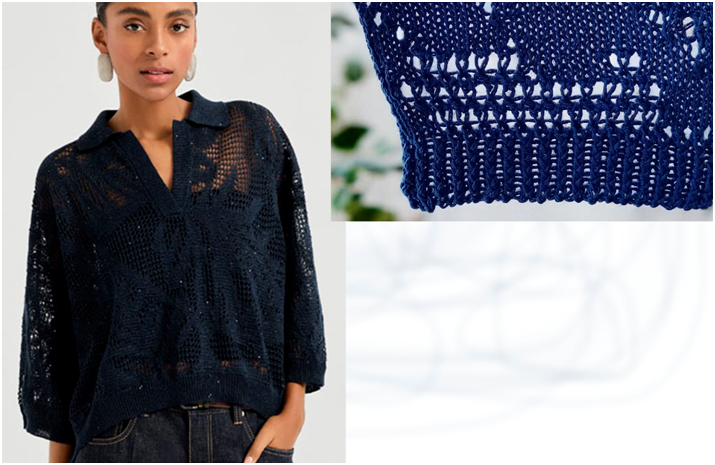 Продолжаем разбор цветочного узора с эффектом кружева из коллекции Б. Кучинелли весна-лето 2026. Сравниваем два образца, связанные спицами.