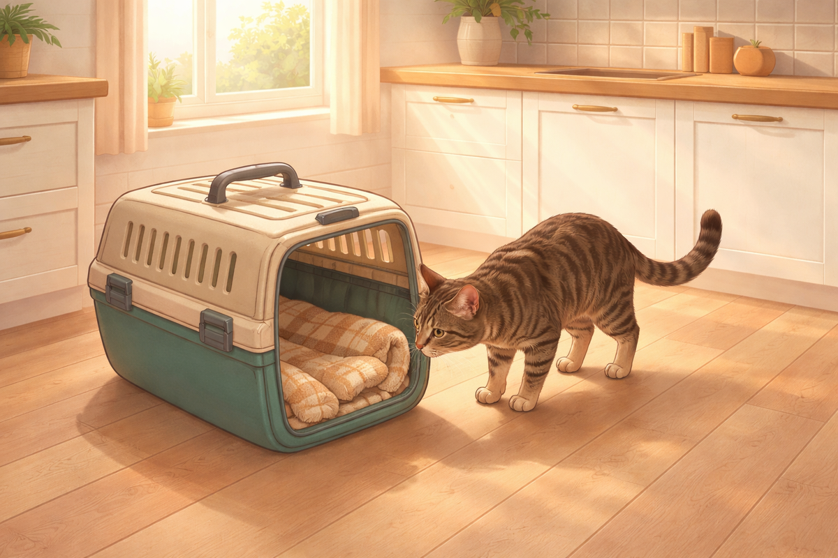 Переноска как часть дома: кошка спокойно изучает открытый вход без спешки