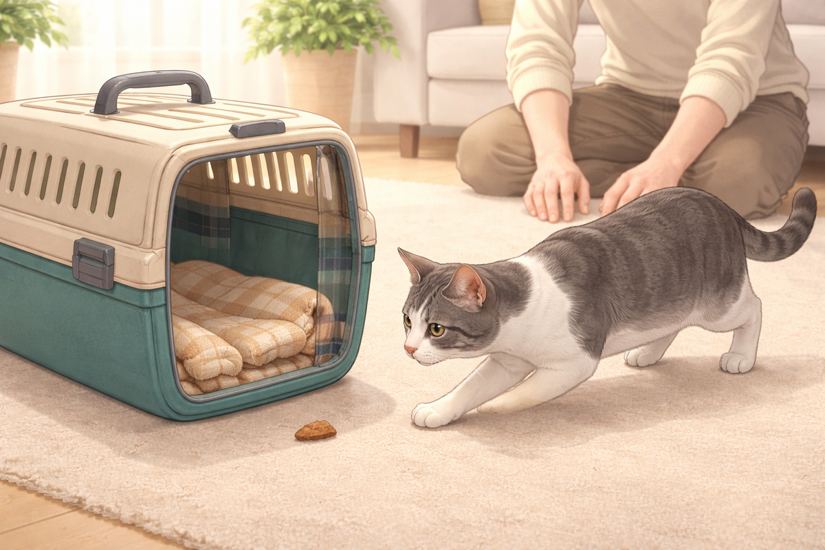 Привыкание без принуждения: переноска открыта, а у входа ждёт маленькое угощение