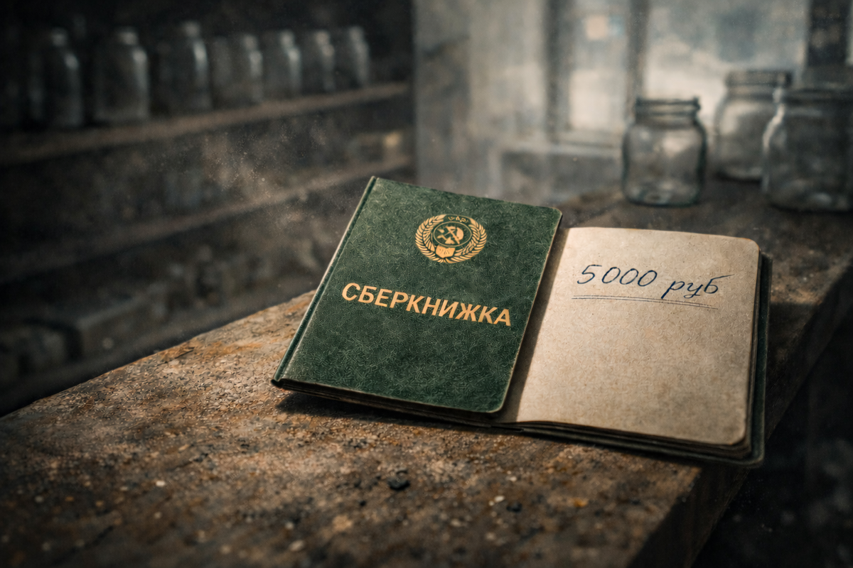 Советская сберкнижка лежит на пустой пыльной магазинной полке