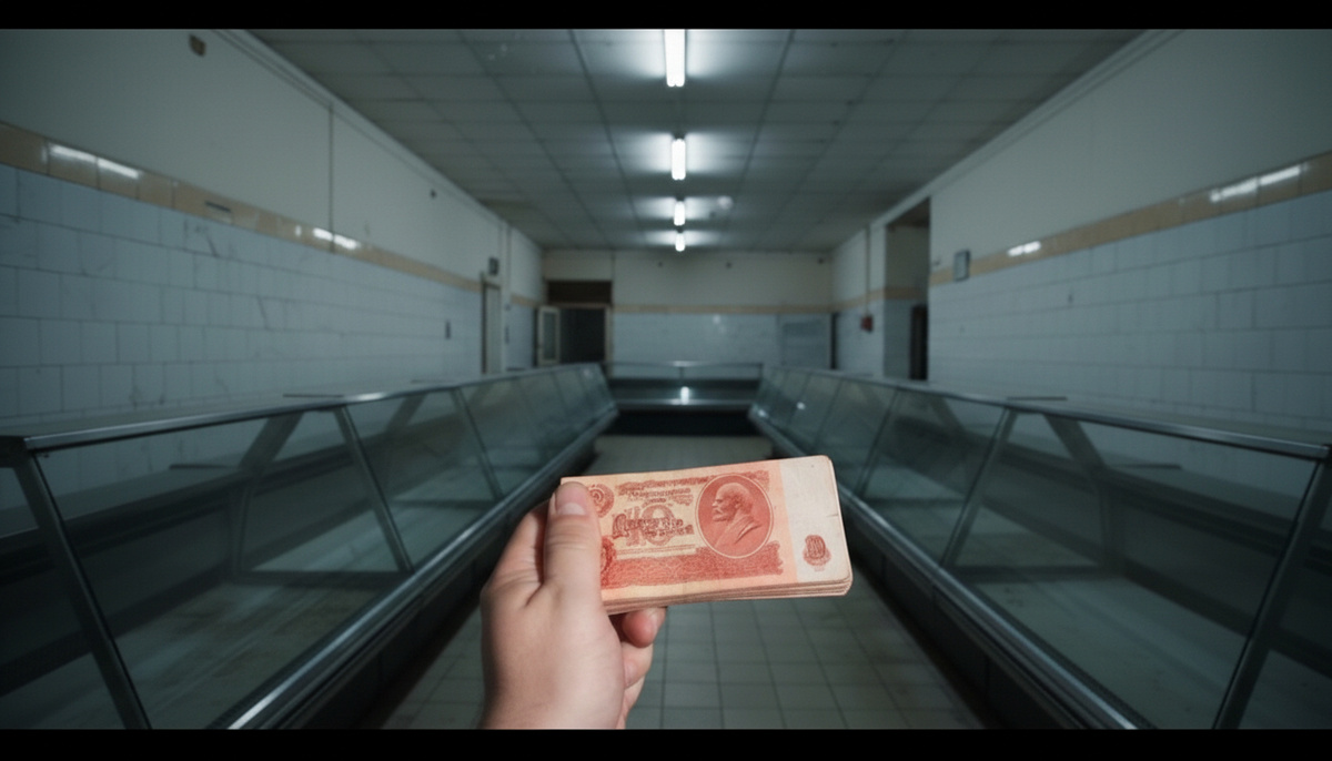 Руки держат пачку советских рублей перед совершенно пустым прилавком гастронома