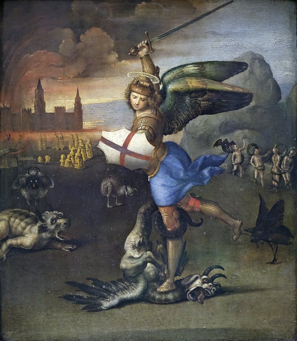 Рафаэль Санти. Архангел Михаил, побеждающий Сатану. Дерево, масло. Между 1503 и 1505 гг. Лувр, Париж