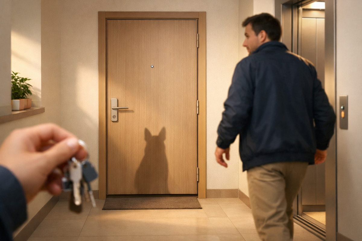 Тихий коридор у лифта и закрытая дверь: момент, когда собака остается одна.