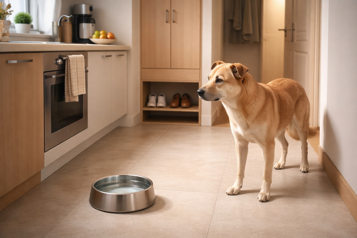 База перед уходом: вода доступна, вокруг безопасно, но собака еще насторожена.
