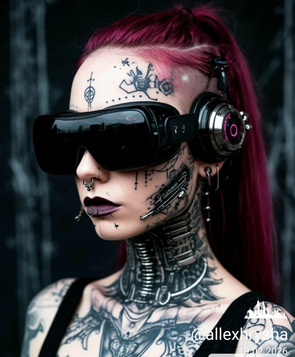 Девушка в стиле нейроготика/neurogothica с элементами аугментики и устройств дополненной реальности