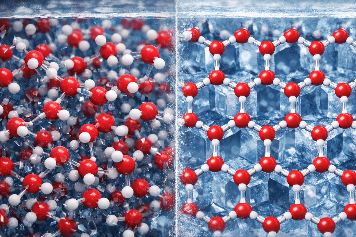 Сравнение жидкой воды и льда в разрезе. Слева — плотное хаотичное расположение молекул воды, справа — кристаллическая шестигранная решётка льда с пустотами.