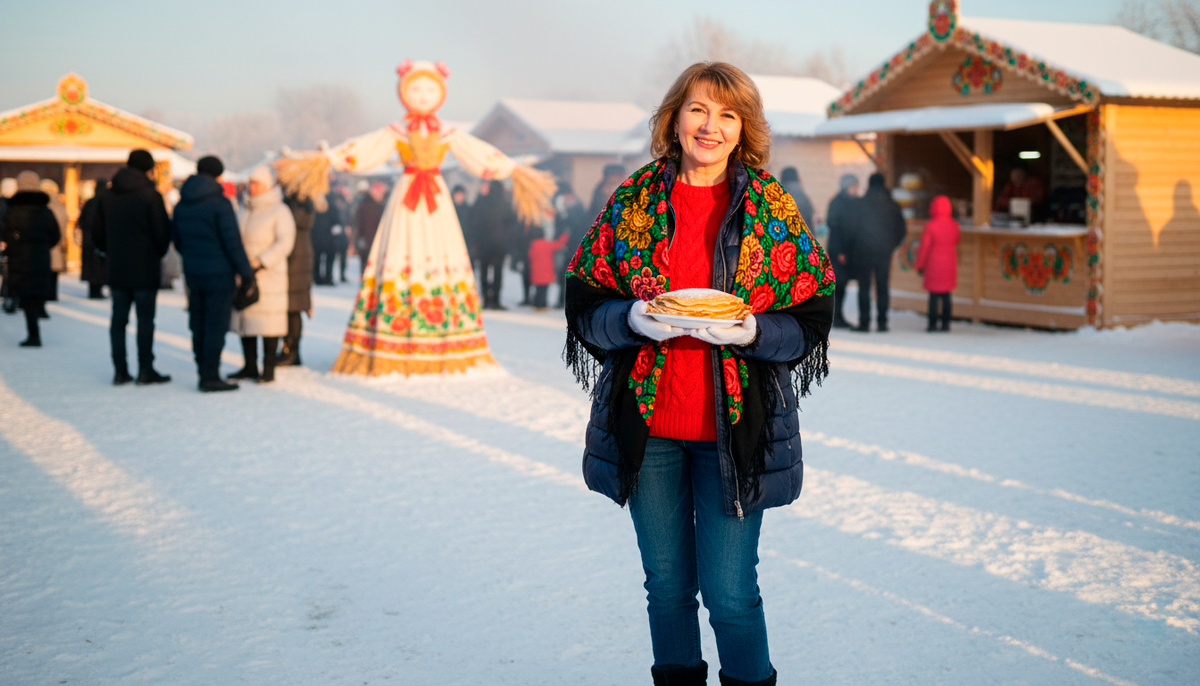 Пуховик, красный свитер, бабушкин платок и блины. Вот и весь образ.