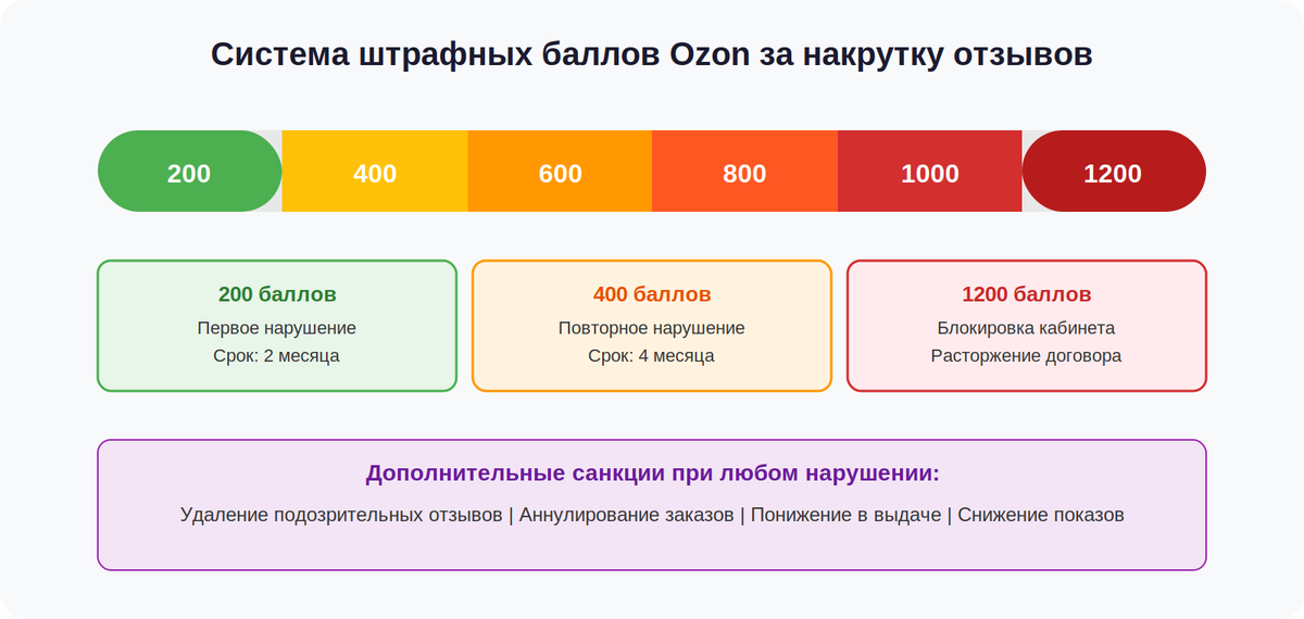 Рис. 2. Шкала штрафных баллов Ozon за накрутку отзывов: от предупреждения до блокировки
