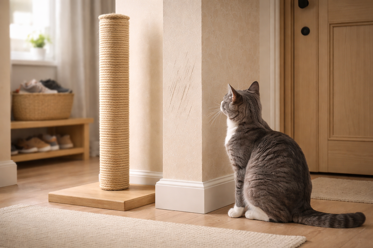 Следы когтей на обоях и новая когтеточка рядом, без наказаний