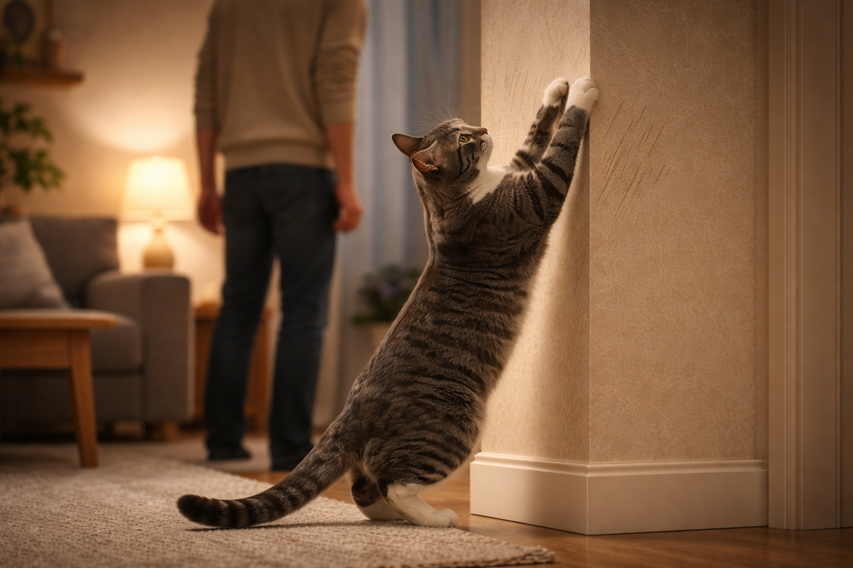 Момент напряжения: кошка тянется к стене, человек выбирает спокойствие