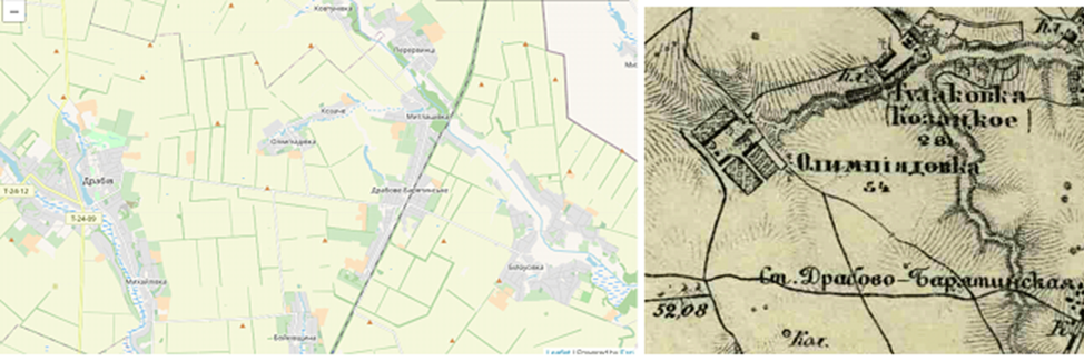 Казачье на современной карте и на карте 1901года.