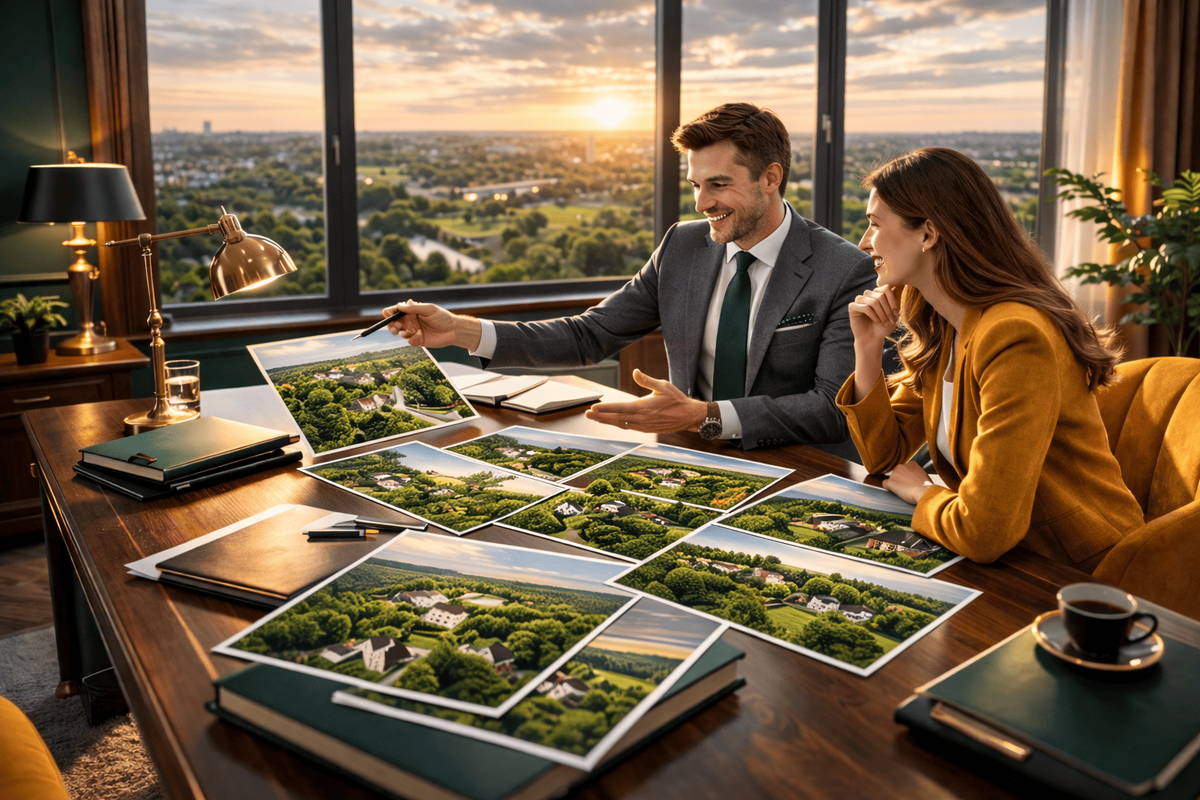 Риелтор и клиентка за столом рассматривают планы и фотографии недвижимости в Подмосковье