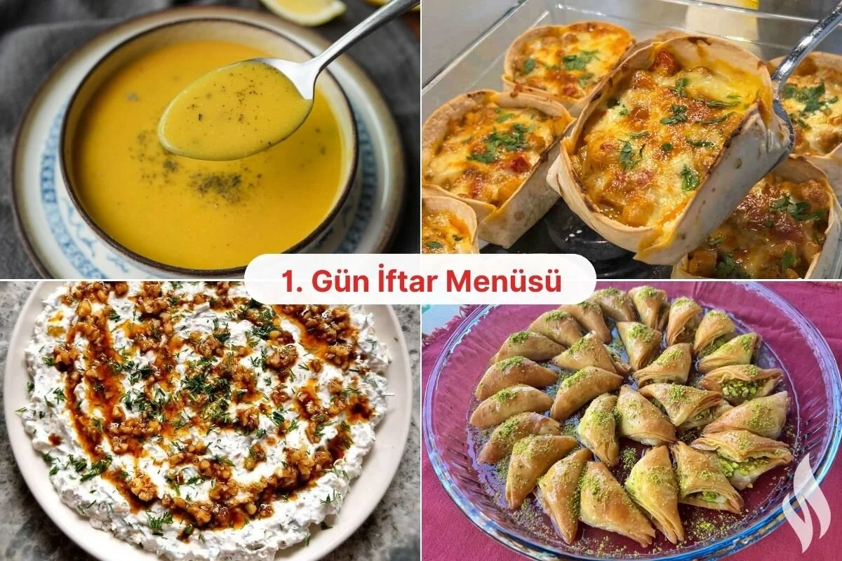 Пример меню на ифтар: Mercimek çorbası (чечевичный суп), Tavuklu lavaş (курица в лаваше), Patlıcanlı haydari (соус с баклажаном Хайдари), Şöbiyet tatlısı (баклава шобьет).