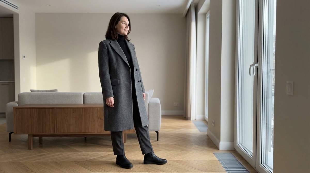 Серое пальто миди до середины икры - длина, которая вытягивает силуэт без лишних усилий

