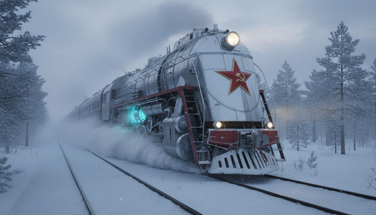 Концепт советского атомного локомотива на фоне сибирской зимы
