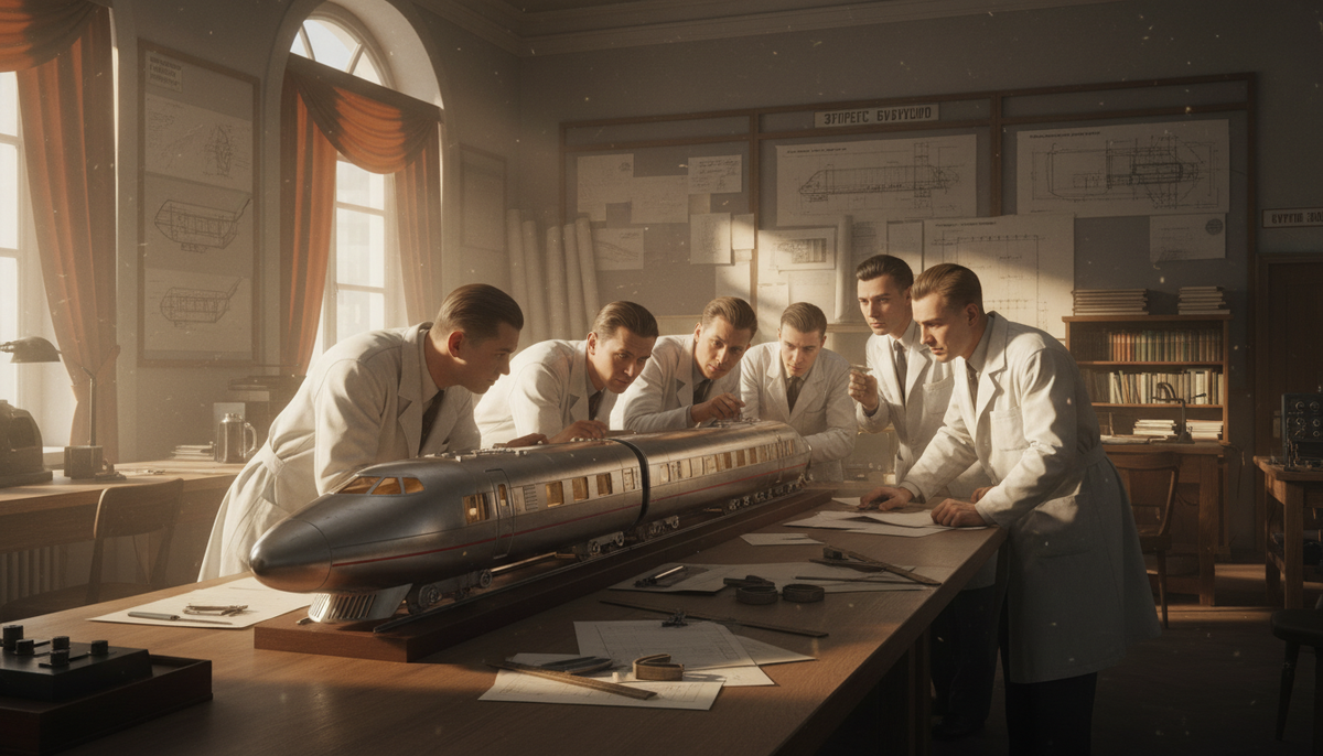 Советские инженеры обсуждают макет атомного поезда