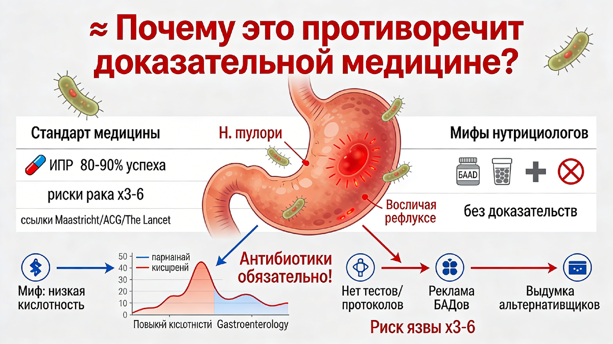 Врач разбирает с пациентом результаты обследования желудка и объясняет, почему лечить H. pylori нужно по доказательным схемам, а не по советам нутрициологов и рекламе чудо-диет.