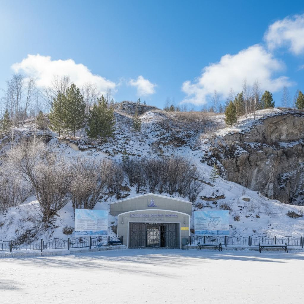 Вид на вход в Кунгурскую ледяную пещеру зимой