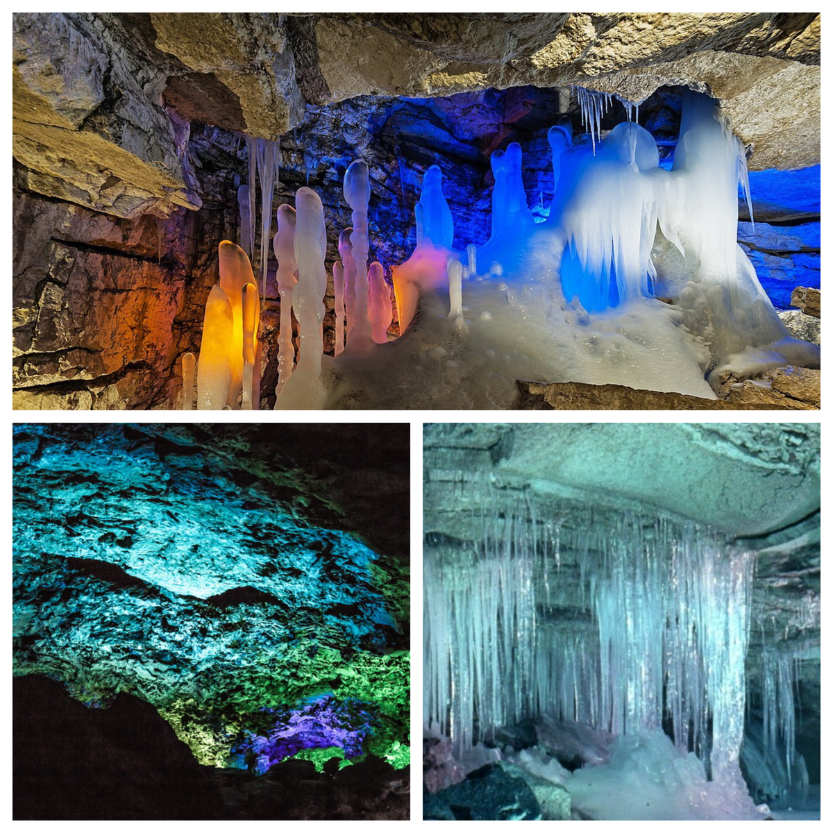 Ледяные сталактиты и сталагмиты в Кунгурской пещере,, подсвеченные разноцветной иллюминацией