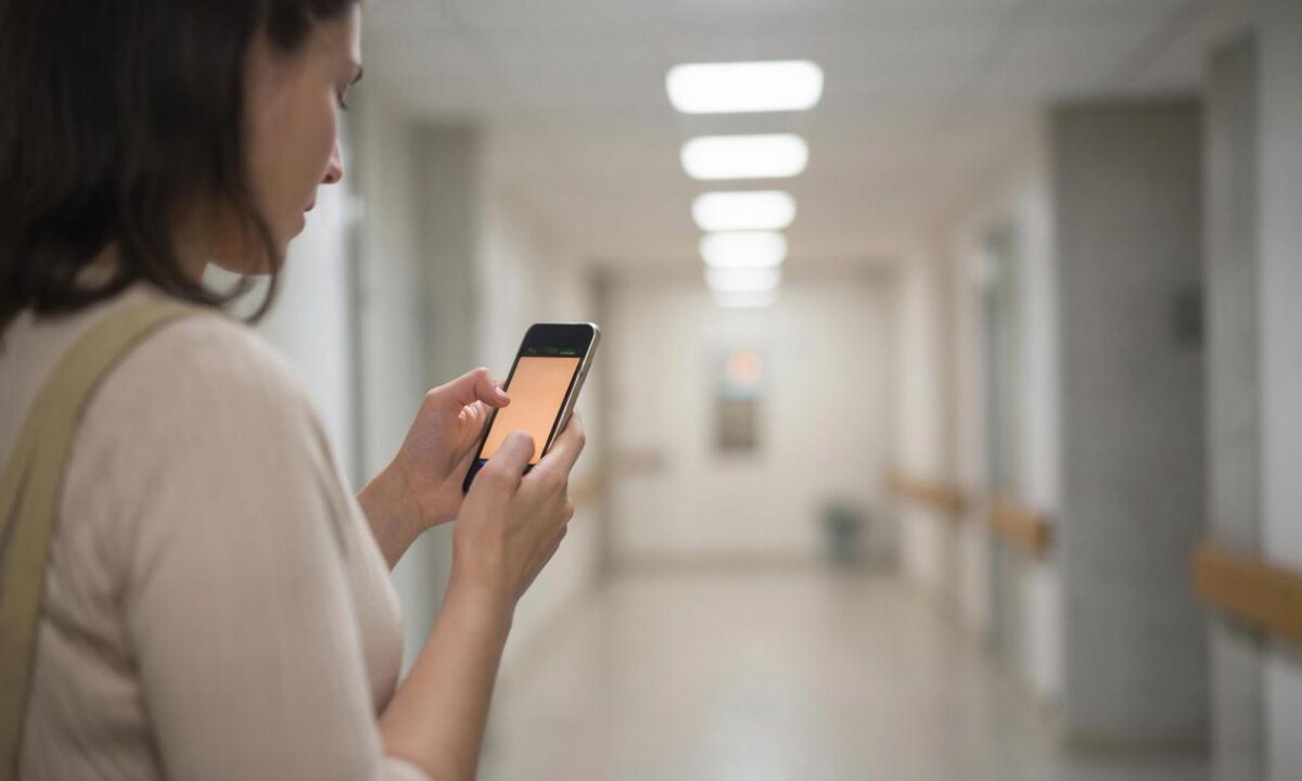 Женщина смотрит в телефон — неожиданно увидела сниженный процент по накопительному счёту