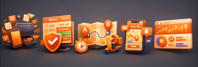 Основные задачи автоматизации доставки: ускорение заказов, снижение ошибок, контроль курьеров, статусы для гостей и аналитику без воронок