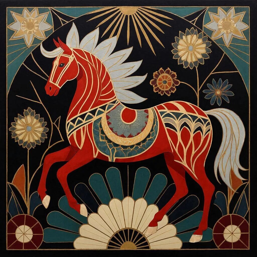 Красная Огненная Лошадь. Иллюстрация сгенерирована нейросетью