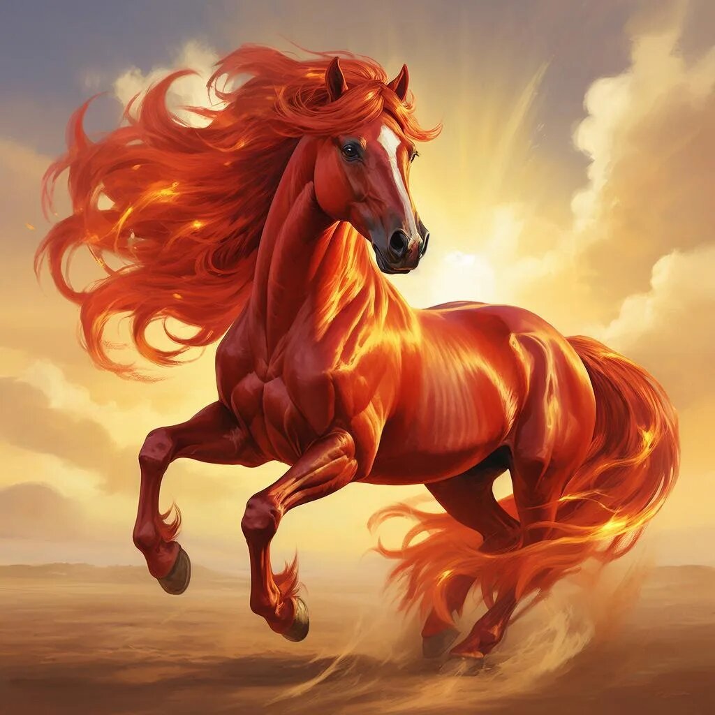 Красная Огненная Лошадь. Иллюстрация сгенерирована нейросетью