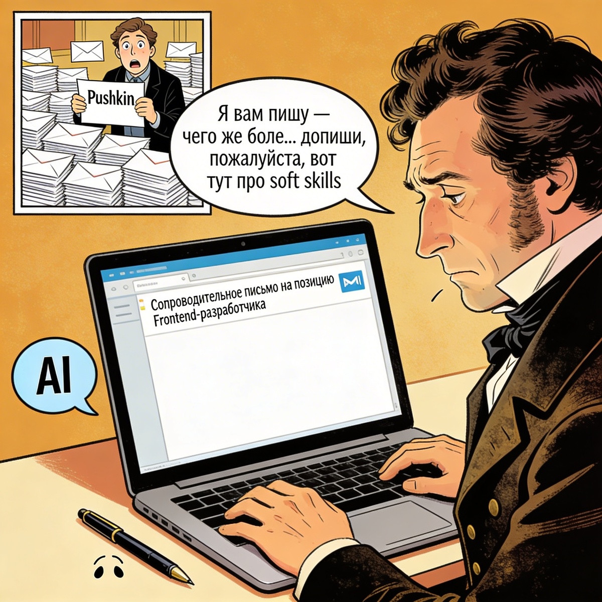 Юмористическая иллюстрация: Александр Пушкин сидит за ноутбуком и просит ИИ дописать про "soft skills" в свое сопроводительное письмо на позицию разработчика, что показывает сложность составления таких документов.
