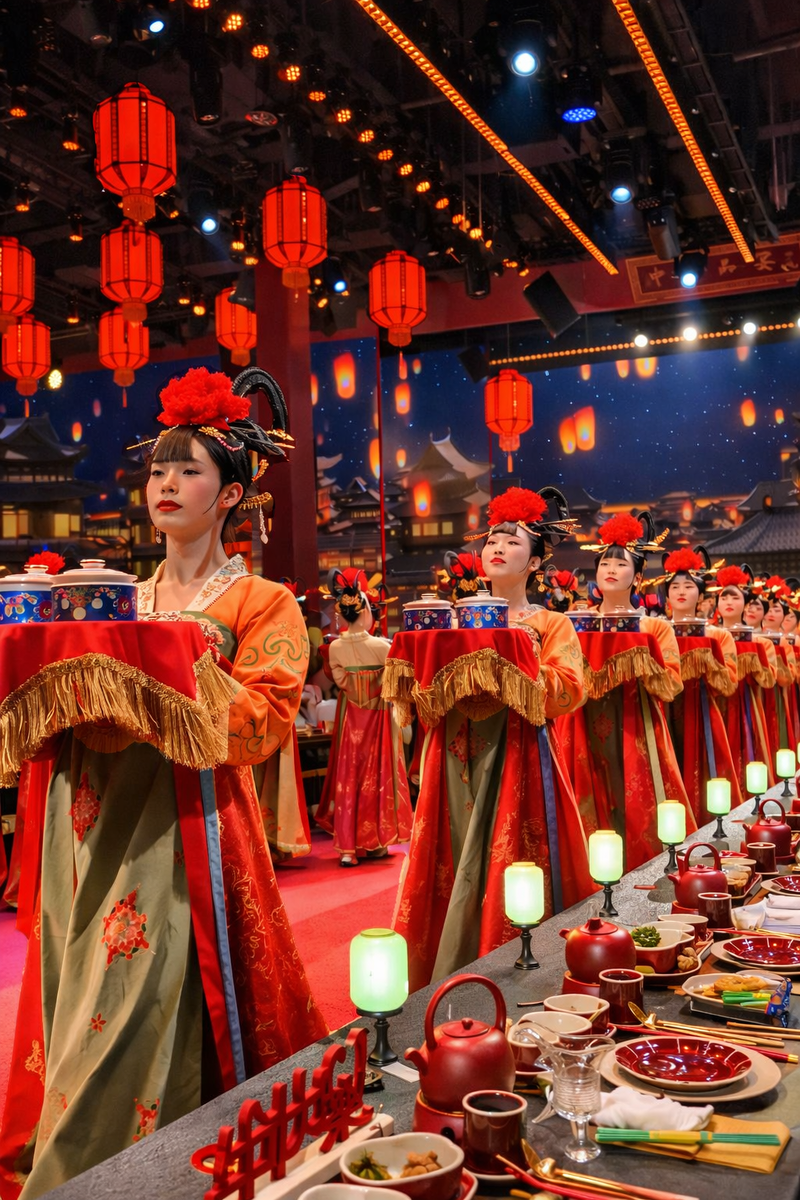 Блюда подают одновременно много красивых китаянок.