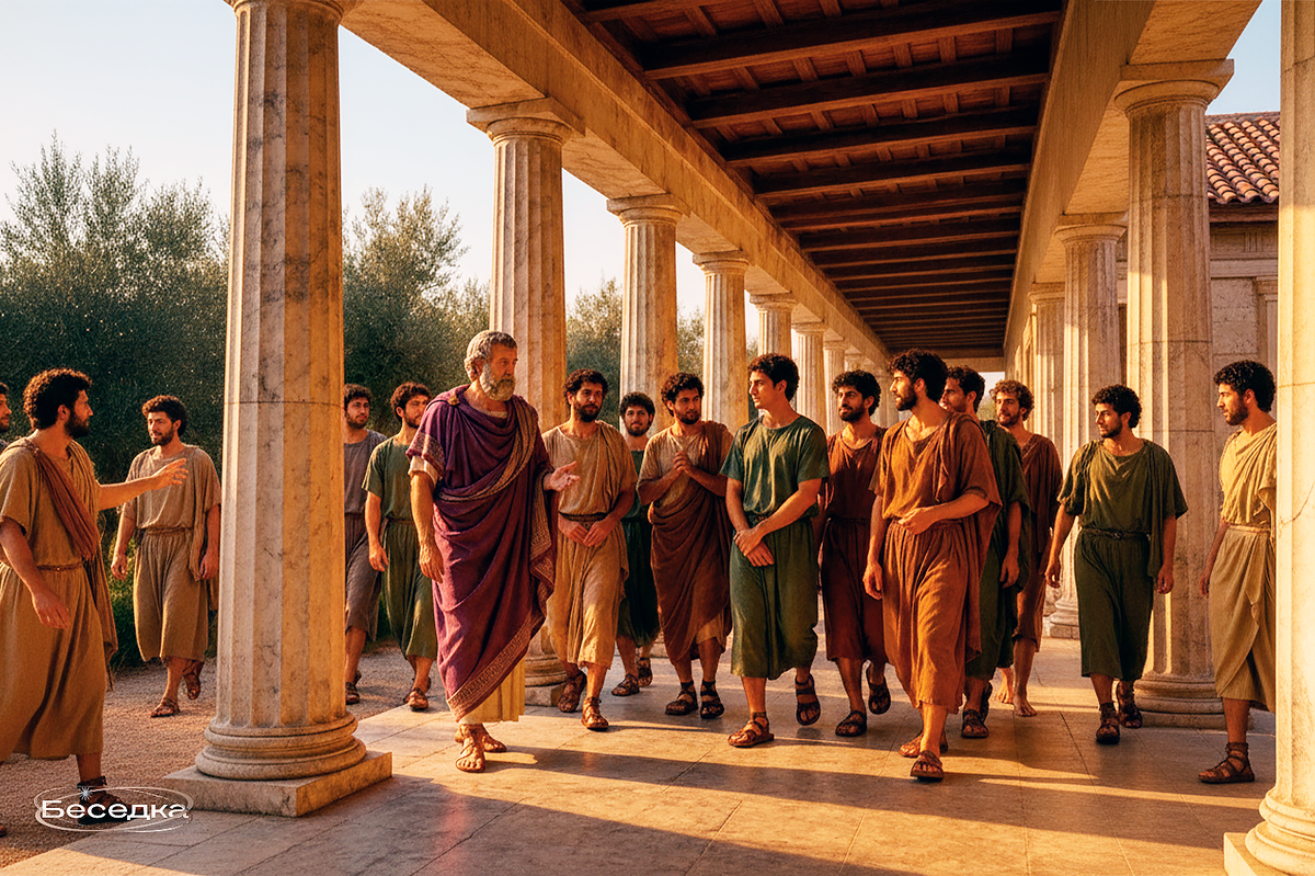 Так выглядит занятие Аристотеля со своими учениками.