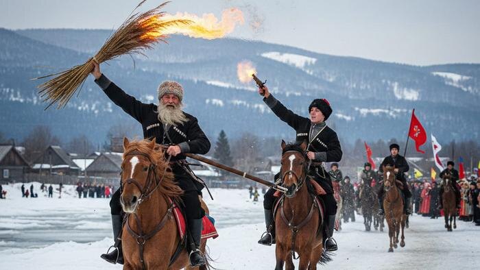 Казачья Масленица: скачки, джигитовка и военные состязания на празднике. Фото © Nano Banana AI