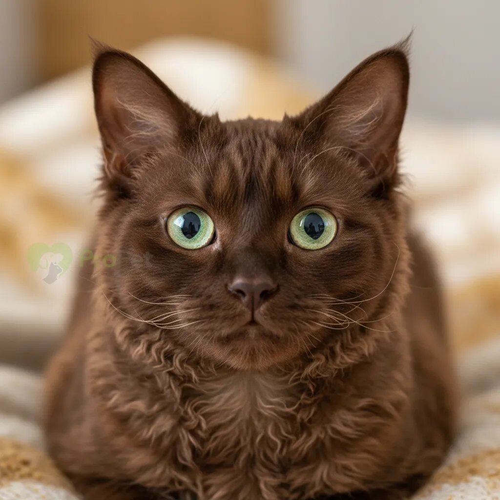 Крупный план кошки породы Лаперм с выразительными зелеными глазами и коричневой кудрявой шерстью